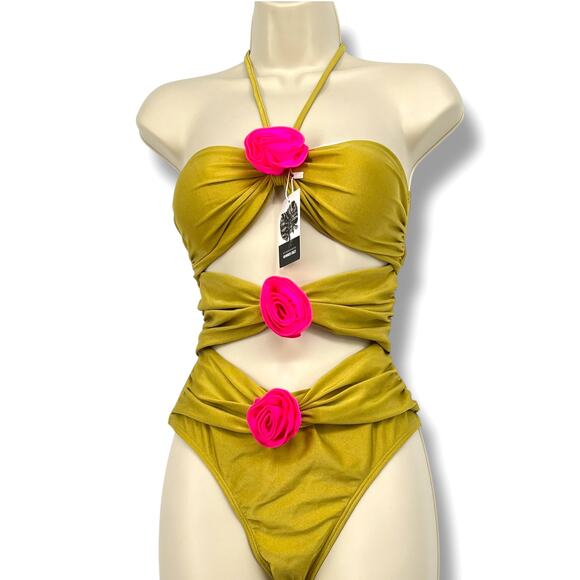 SWMMER LIKET NWT Olive Color Two Cut Out Halter Tie One Piece Swim Suit S Beach - Picture 2 of 7